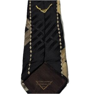 Vitaliano Pancaldi Silk Necktie Geometric Black Gold Grey Diagonal Stripe Giove